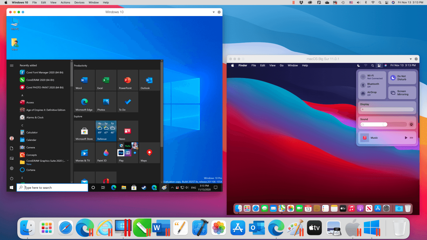 Parallels Desktop running a Windows 10 VM on macOS Big Sur