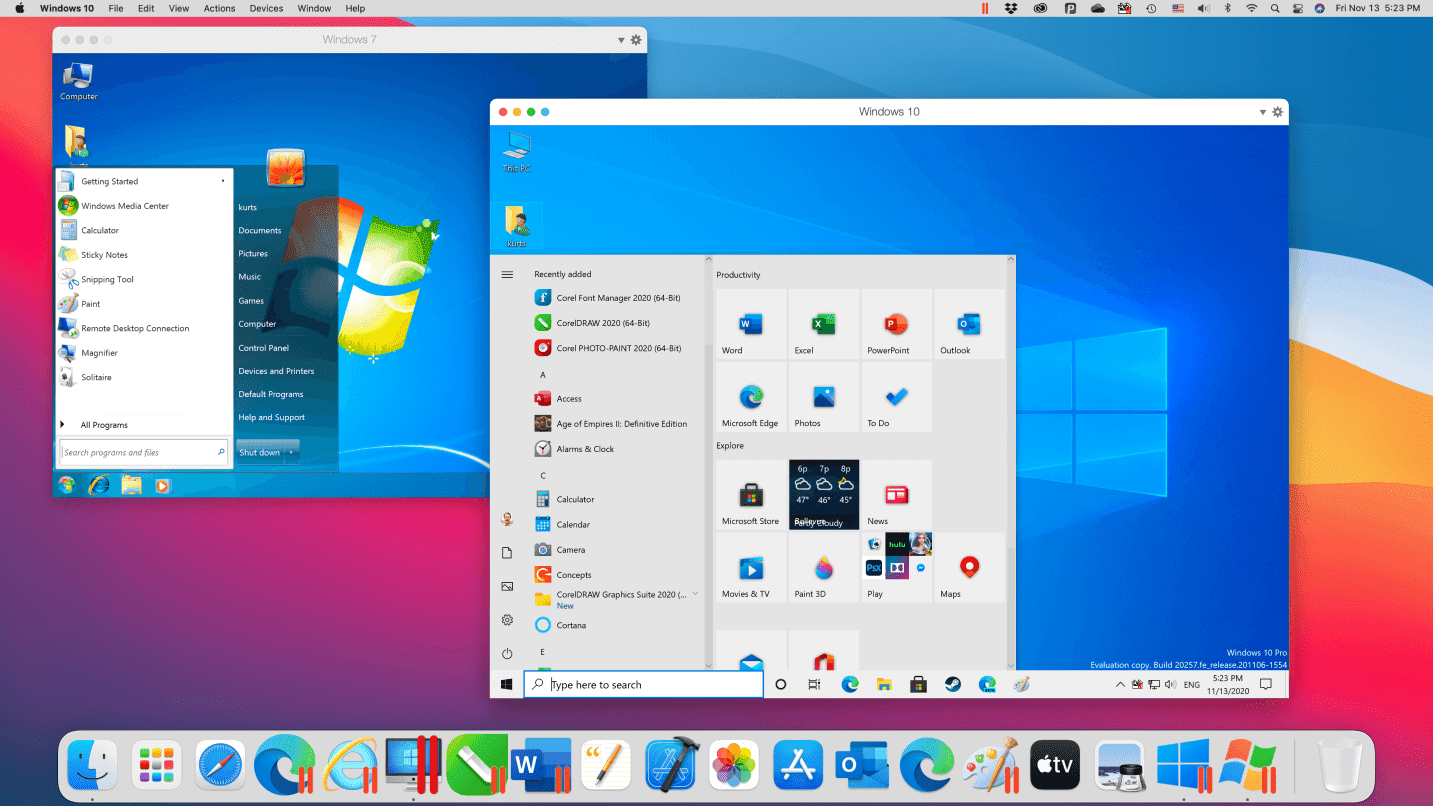 Parallels Desktop running a Windows 10 and Windows 7