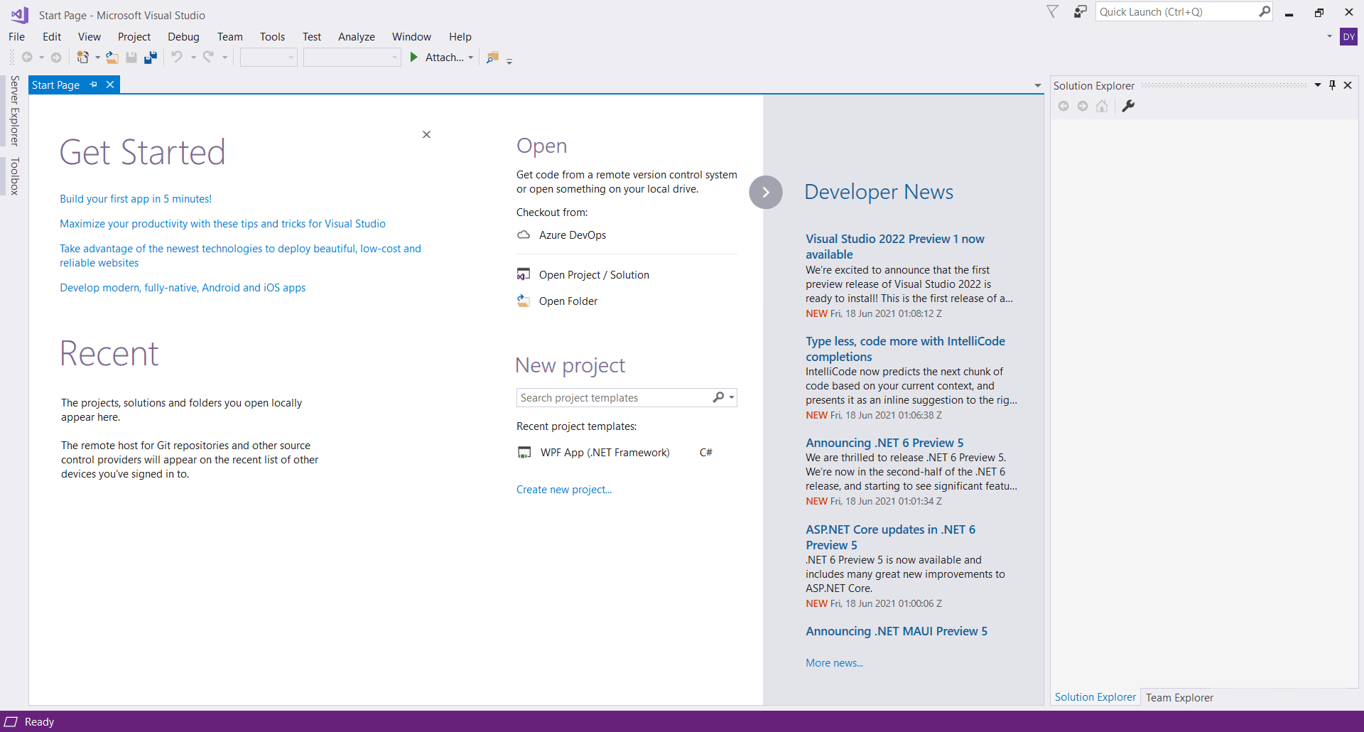 Visual Studio 2017 Main Interface Screenshot